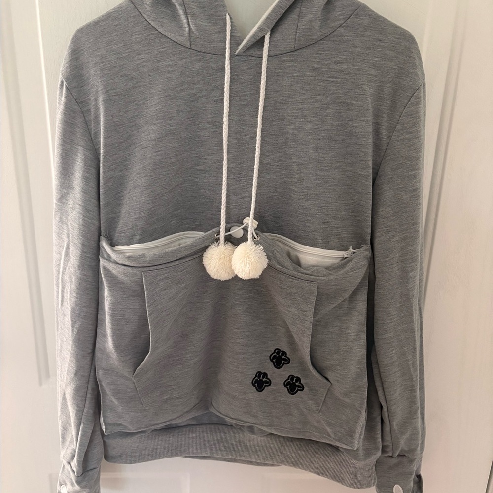 Dog Pouch Gray Hoodie with Pom Poms and Paw Prints